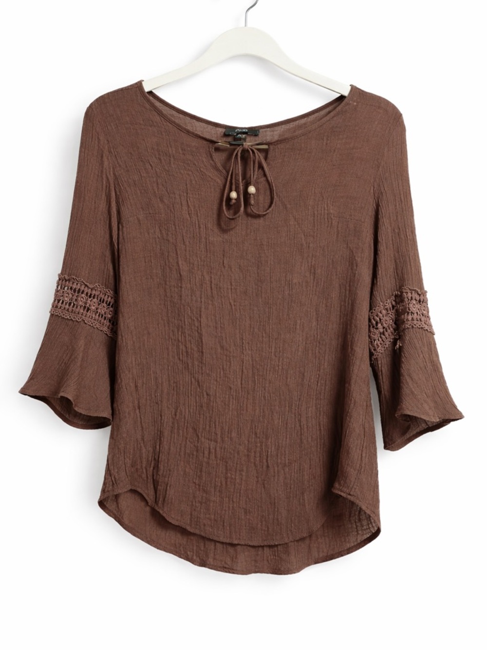 AGB Brown Tie-Neck Peasant Top with Crochet‎ Trim- Boho Blouse- Large
